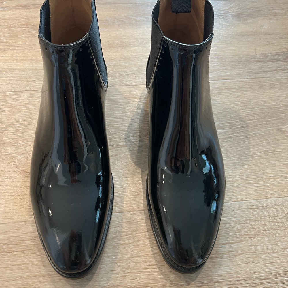 Black Glossy Ankle Booties with Modern Silhouette Never Worn
